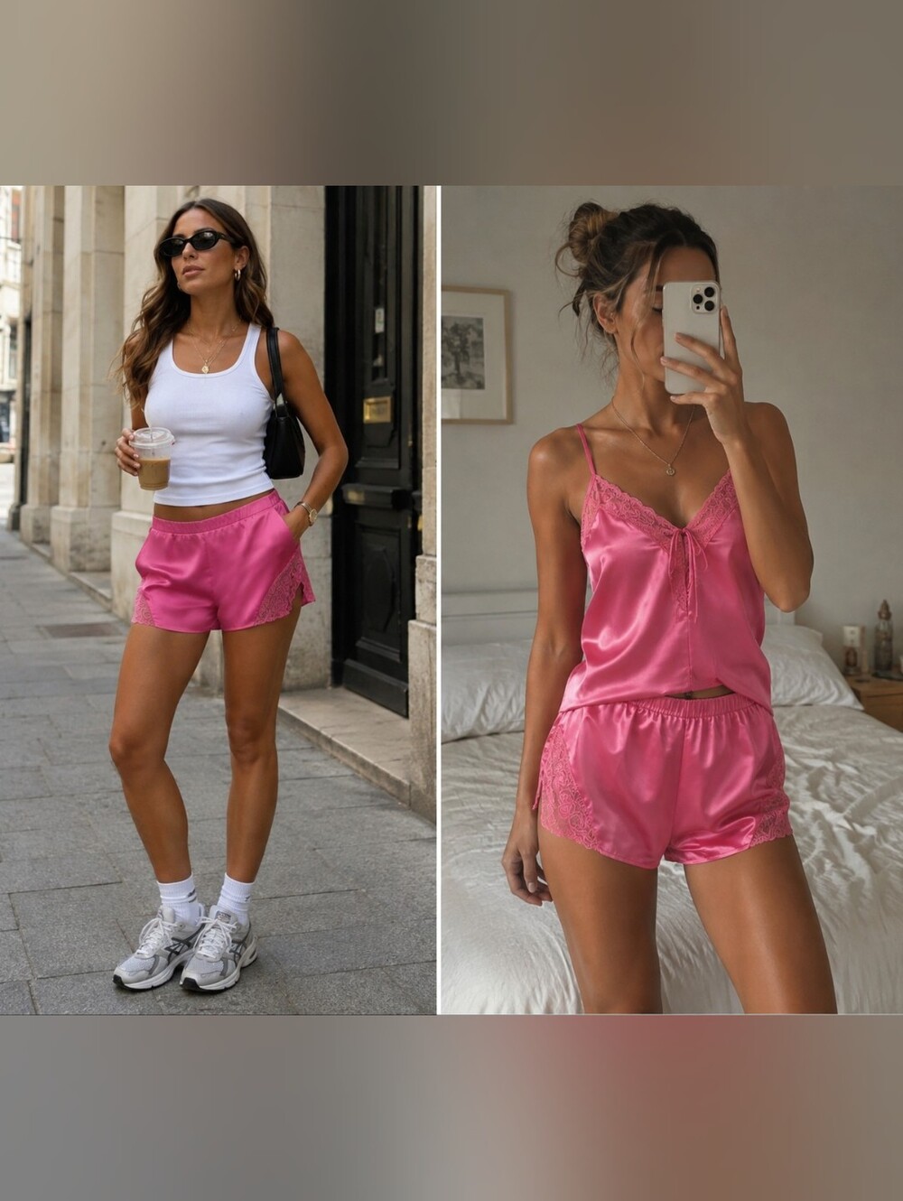 High-Waist Satin Shorts with Lace Trim - Pink